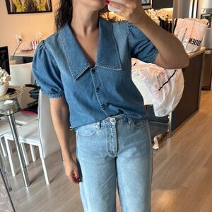 Frame Denim Blue Denim Puff-Sleeve Button Front Top